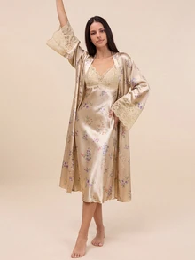 Amorya Lace Patchwork Faux Silk Floral Print Camisole Sleep Dress And Belted Robe Set Silk Night Gown Satin Sleepwear Pajama Set , Fall Winter Clothes - Multicolor - View 4