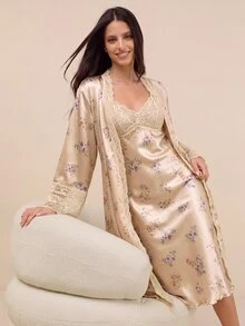 Amorya Lace Patchwork Faux Silk Floral Print Camisole Sleep Dress And Belted Robe Set Silk Night Gown Satin Sleepwear Pajama Set , Fall Winter Clothes - Multicolor - View 1