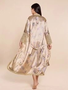 Amorya Lace Patchwork Faux Silk Floral Print Camisole Sleep Dress And Belted Robe Set Silk Night Gown Satin Sleepwear Pajama Set , Fall Winter Clothes - Multicolor - View 2