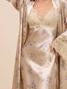 Amorya Lace Patchwork Faux Silk Floral Print Camisole Sleep Dress And Belted Robe Set Silk Night Gown Satin Sleepwear Pajama Set , Fall Winter Clothes - Multicolor - View 5