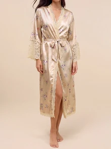 Amorya Lace Patchwork Faux Silk Floral Print Camisole Sleep Dress And Belted Robe Set Silk Night Gown Satin Sleepwear Pajama Set , Fall Winter Clothes - Multicolor - View 8