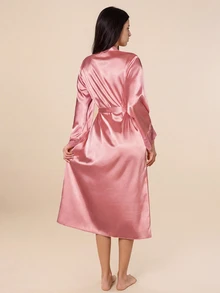 Amorya 优雅蕾丝拼接长款女士睡袍，奢华家居服，舒适优雅细节，秋冬必备 - 藕粉色 - 查看 2