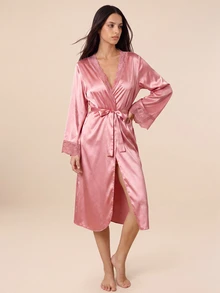 Amorya 优雅蕾丝拼接长款女士睡袍，奢华家居服，舒适优雅细节，秋冬必备 - 藕粉色 - 查看 1