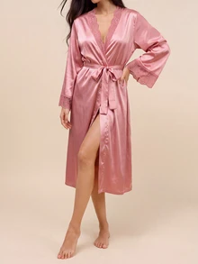 Amorya 优雅蕾丝拼接长款女士睡袍，奢华家居服，舒适优雅细节，秋冬必备 - 藕粉色 - 查看 3