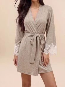 Amorya Women's Summer Lace Patchwork Tie-Up Comfortable Fabric Nightgown - Khaki - View 1