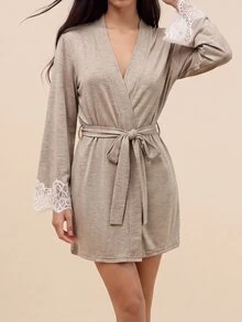 Amorya Women's Summer Lace Patchwork Tie-Up Comfortable Fabric Nightgown - Khaki - View 3