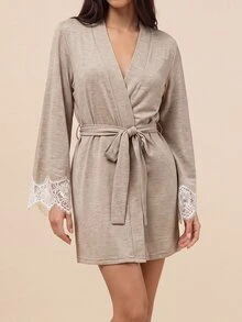 Amorya Women's Summer Lace Patchwork Tie-Up Comfortable Fabric Nightgown - Khaki - View 4
