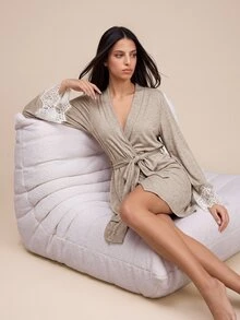 Amorya Women's Summer Lace Patchwork Tie-Up Comfortable Fabric Nightgown - Khaki - View 7