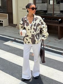Muchica Women's Retro-Style Cotton-Blend Knit Jacket With Cow Print 2000s Style Office Wear For Women Zip Up - Multicolor - View 3
