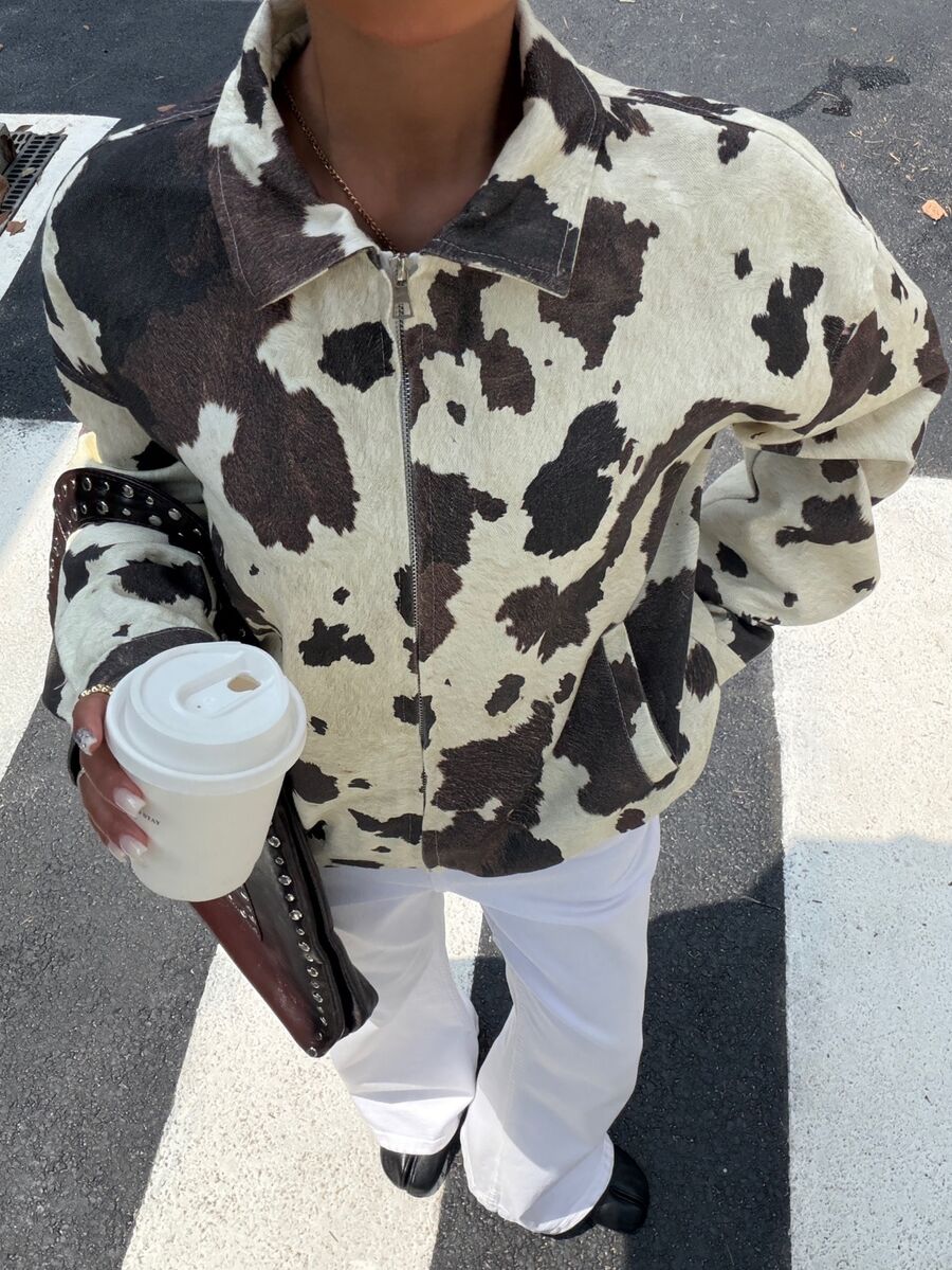 Muchica Women's Retro-Style Cotton-Blend Knit Jacket With Cow Print 2000s Style Office Wear For Women Zip Up - Multicolor - View 1