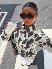 Muchica Women's Retro-Style Cotton-Blend Knit Jacket With Cow Print 2000s Style Office Wear For Women Zip Up - Multicolor - View 5