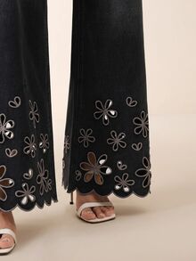 Anewsta 女款休閒日常直筒長褲，附口袋、鈕扣、刺繡與鏤空設計 - 黑色 - 查看 1