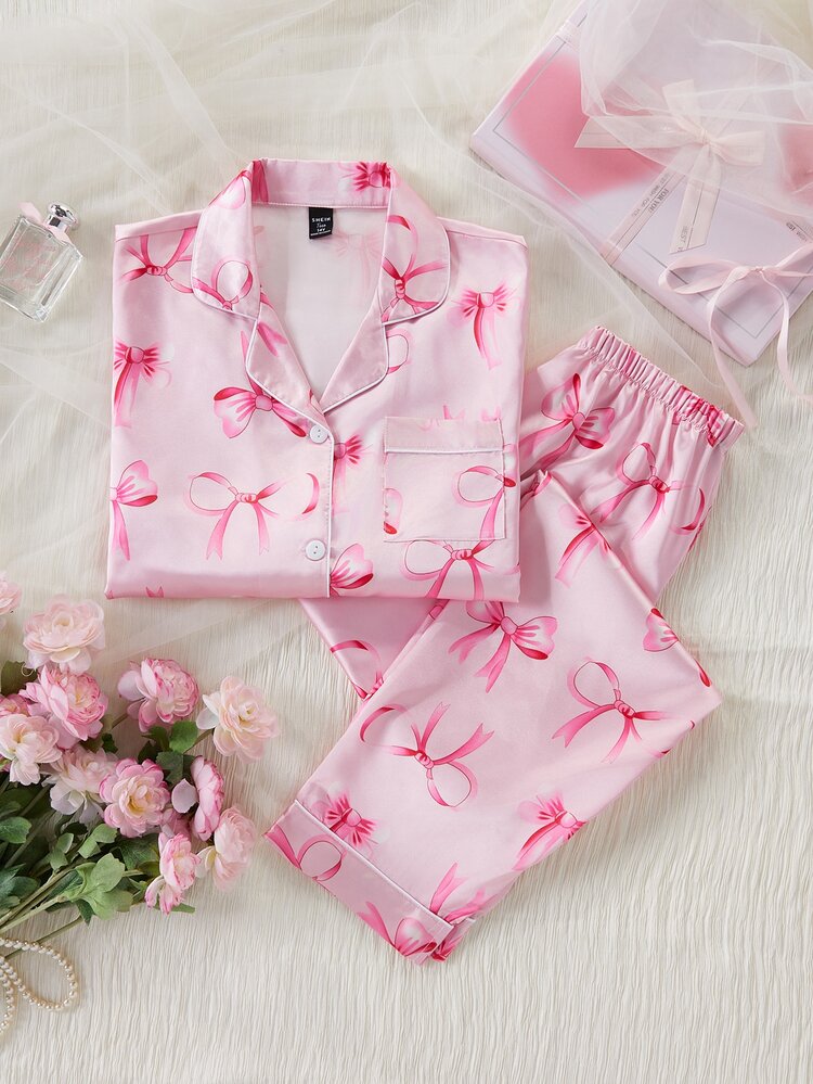 SHEIN Teen Girls Satin Bow Print Long Sleeve Pants Pajama Set Spring Autumn - Pink - View 1