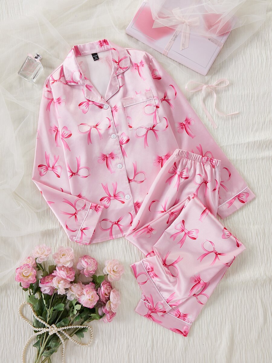 SHEIN Teen Girls Satin Bow Print Long Sleeve Pants Pajama Set Spring Autumn - Pink - View 1