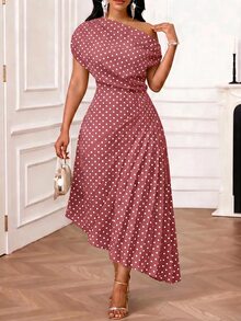 SHEIN Lady Plus Size Summer Elegant Dusty Rose Print Asymmetric Dress Wedding Dates - Pink - View 1