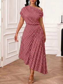 SHEIN Lady Plus Size Summer Elegant Dusty Rose Print Asymmetric Dress Wedding Dates - Pink - View 6