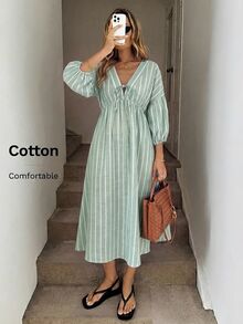Easowa 女款綠白條紋前綁帶落肩袖休閒鄉村風法式波希米亞中長洋裝，適合度假、秋季野餐與早午餐 - 綠色 - 查看 7