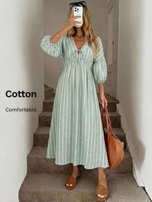 Easowa 女款綠白條紋前綁帶落肩袖休閒鄉村風法式波希米亞中長洋裝，適合度假、秋季野餐與早午餐 - 綠色 - 查看 1