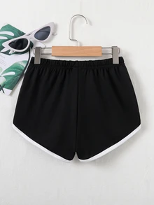 SHEIN Sparklyn Tween Girls Elastic Waist Contrast Binding Shorts, Summer, Casual, Minimalist, Outfit - Black - View 2