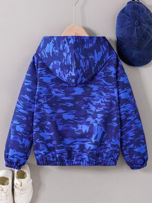 SHEIN 男孩藍色迷彩印花半拉鍊夾克，柔軟舒適面料，時尚百搭風格，春/秋新季，適合多季節與多場合 - 藍色 - 查看 2
