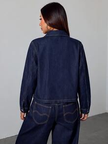 SHEIN PETITE 女款長袖單排扣休閒工裝口袋牛仔夾克 秋冬 正式商務時尚 基本款 哥德風 萬聖節聖誕節 PETITE 日常穿搭 - 藍色 - 查看 2