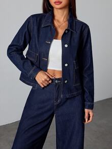 SHEIN PETITE 女款長袖單排扣休閒工裝口袋牛仔夾克 秋冬 正式商務時尚 基本款 哥德風 萬聖節聖誕節 PETITE 日常穿搭 - 藍色 - 查看 3