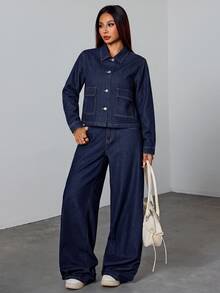 SHEIN PETITE 女款長袖單排扣休閒工裝口袋牛仔夾克 秋冬 正式商務時尚 基本款 哥德風 萬聖節聖誕節 PETITE 日常穿搭 - 藍色 - 查看 5