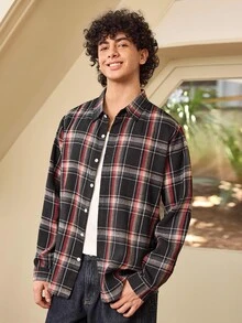 Whitmere 男士格紋法蘭絨休閒鈕扣商務長袖襯衫 - 紅色和黑色 - 查看 4