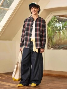 Whitmere 男士格紋法蘭絨休閒鈕扣商務長袖襯衫 - 紅色和黑色 - 查看 3