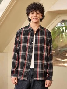 Whitmere 男士格紋法蘭絨休閒鈕扣商務長袖襯衫 - 紅色和黑色 - 查看 5