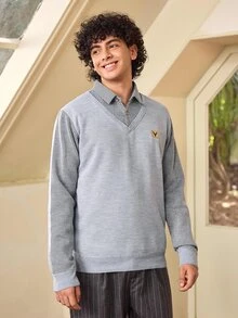 Whitmere 1件男士秋冬款 2合1 POLO領拼接休閒淺藍色鹿角針織毛衣，長袖內外穿日常款 - 灰色 - 查看 6