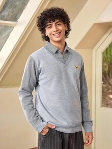 Whitmere 1件男士秋冬款 2合1 POLO領拼接休閒淺藍色鹿角針織毛衣，長袖內外穿日常款 - 灰色 - 查看 5