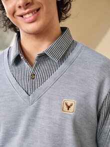 Whitmere 1件男士秋冬款 2合1 POLO領拼接休閒淺藍色鹿角針織毛衣，長袖內外穿日常款 - 灰色 - 查看 8