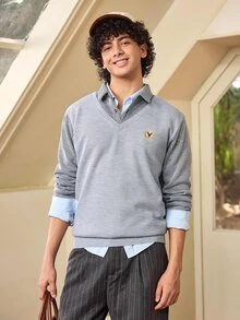 Whitmere 1件男士秋冬款 2合1 POLO領拼接休閒淺藍色鹿角針織毛衣，長袖內外穿日常款 - 灰色 - 查看 4