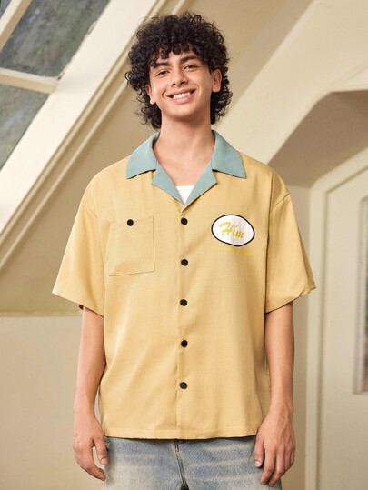 Whitmere Men's Utility Style Printed Shirt, Loose Fit, Contrast Color Collar Shirt, Retro Badge Print Top, Combining Fashion And Practicality For Streetwear