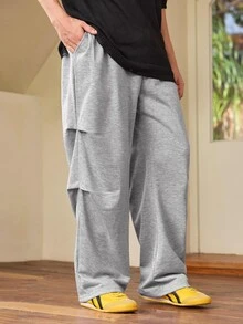 Whitmere Men's Pleated Wide Leg Sweatpants Drawstring Waist Loose Casual Streetwear Long Pants With Pockets - Light Grey - View 6
