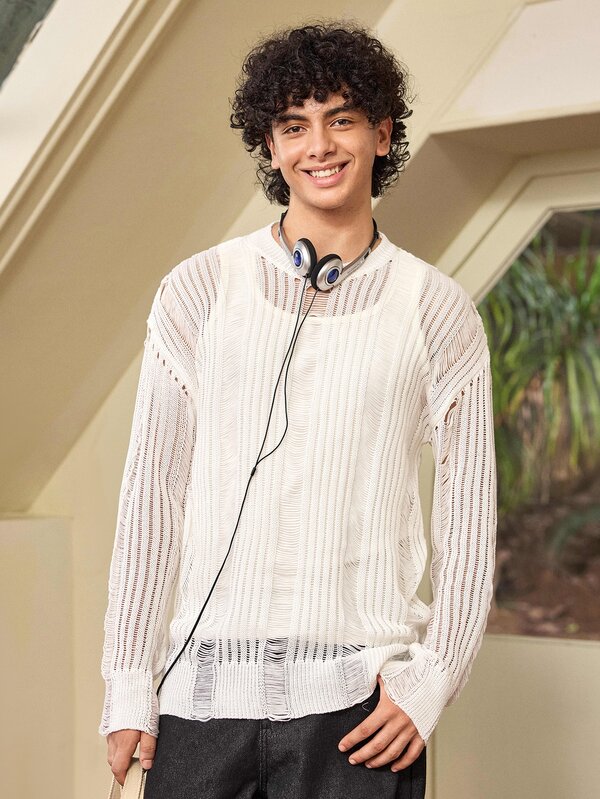 Whitmere ANDREILEE Pulover unisex pentru bărbați, culoare uni, minimalist, semi-transparent, streetwear casual, modă, cu efect uzurat, ribat, croială largă, pentru navetă și campus, versatil, cu guler rotund, mânecă lungă, primăvară-toamnă-iarnă, alb