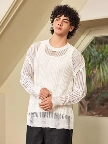 Whitmere ANDREILEE 男士中性款純色極簡半透街頭風休閒時尚做舊羅紋寬鬆通勤校園百搭圓領長袖套頭毛衣 春秋冬 白色 - 白色 - 查看 6