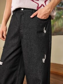 Whitmere 1件裝男士黑色復古破洞寬鬆寬腿牛仔褲，美式街頭水洗休閒丹寧長褲 - 黑色 - 查看 6