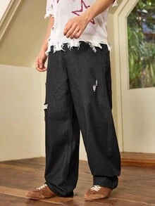 Whitmere 1件裝男士黑色復古破洞寬鬆寬腿牛仔褲，美式街頭水洗休閒丹寧長褲 - 黑色 - 查看 5