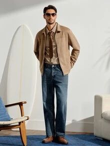 VeloEdit Celana Jeans Denim Longgar Pria Model Lurus Kasual dengan Kantong - Dark Wash - View 8