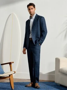 VeloEdit Men 1pc Plaid Single Breasted Blazer & 1pc Formal Suit Pants, Old Money Style, Ceremony Wedding - Navy Blue - View 3