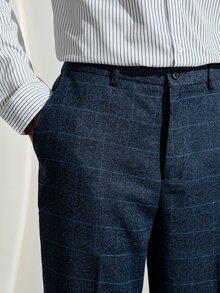 VeloEdit Men 1pc Plaid Single Breasted Blazer & 1pc Formal Suit Pants, Old Money Style, Ceremony Wedding - Navy Blue - View 9
