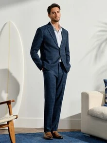VeloEdit Men 1pc Plaid Single Breasted Blazer & 1pc Formal Suit Pants, Old Money Style, Ceremony Wedding - Navy Blue - View 4