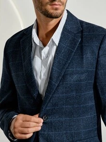 VeloEdit Men 1pc Plaid Single Breasted Blazer & 1pc Formal Suit Pants, Old Money Style, Ceremony Wedding - Navy Blue - View 10