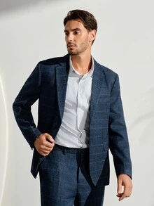 VeloEdit Men 1pc Plaid Single Breasted Blazer & 1pc Formal Suit Pants, Old Money Style, Ceremony Wedding - Navy Blue - View 7