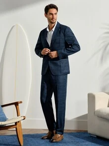 VeloEdit Men 1pc Plaid Single Breasted Blazer & 1pc Formal Suit Pants, Old Money Style, Ceremony Wedding - Navy Blue - View 5