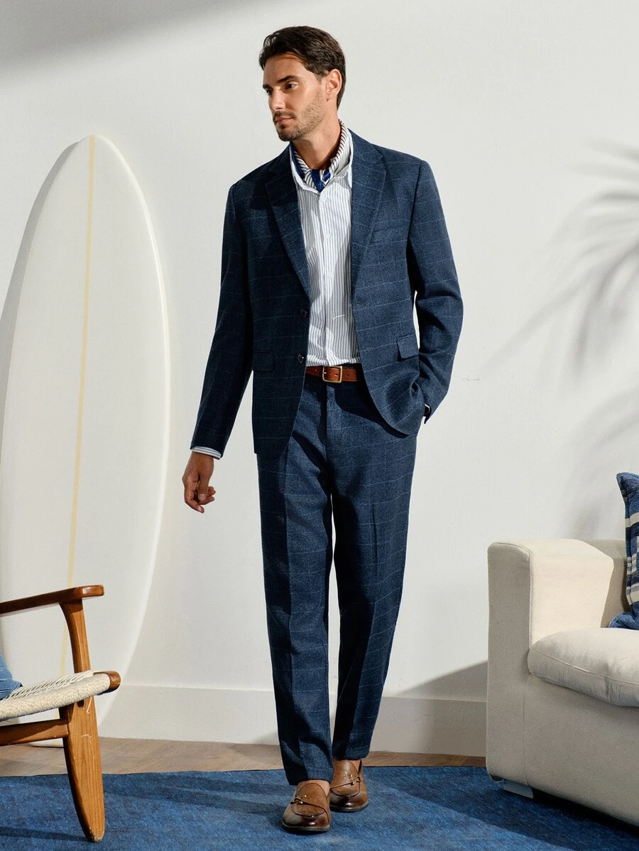 VeloEdit Men 1pc Plaid Single Breasted Blazer & 1pc Formal Suit Pants, Old Money Style, Ceremony Wedding - Navy Blue - View 1