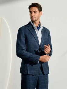 VeloEdit Men 1pc Plaid Single Breasted Blazer & 1pc Formal Suit Pants, Old Money Style, Ceremony Wedding - Navy Blue - View 6