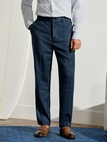 VeloEdit Men 1pc Plaid Single Breasted Blazer & 1pc Formal Suit Pants, Old Money Style, Ceremony Wedding - Navy Blue - View 8